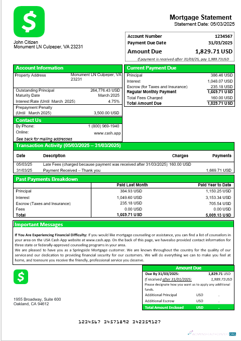Download USA Cash App mortgage statement in Word and PDF formats Photoshop template